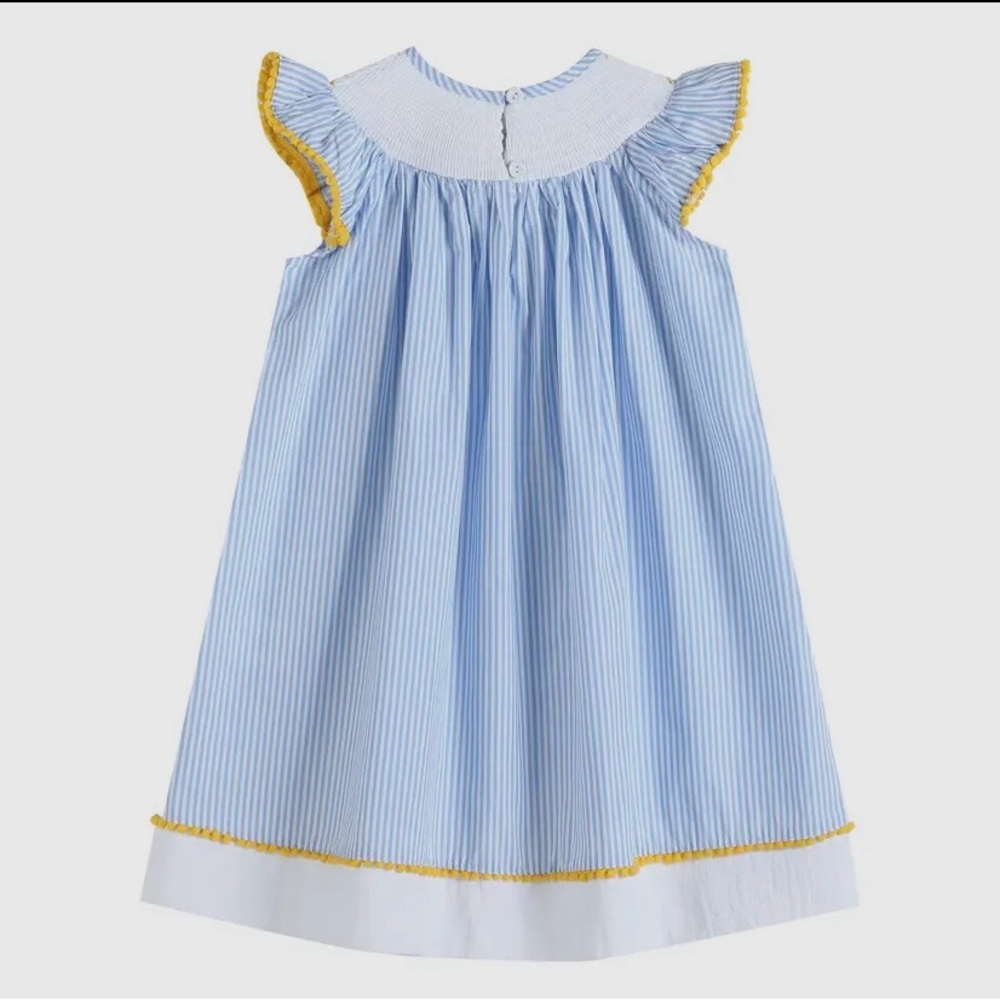 Smocked lemon with blue stripe and yellow pompom on sleeve - Picture 3 of 3